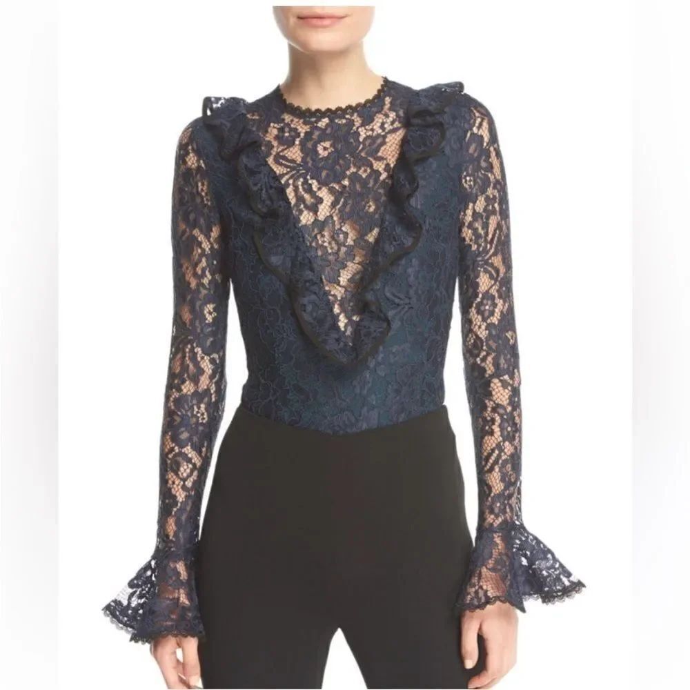 Alexis Elegant Navy Lace Ruffle bodysuit, S